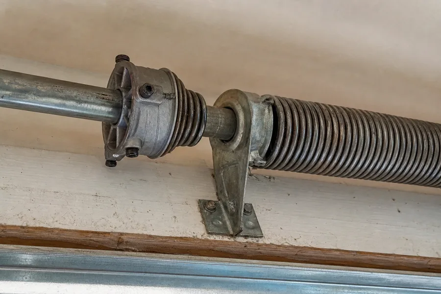 Torsion spring, winding cone and center bearing above a garage door in Bellevue, WA
